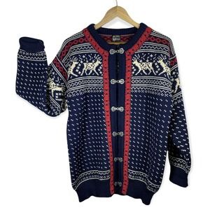 Vtg DALE OF NORWAY Sz. Lrg Nordic Reindeer Pattern Heavy Wool Cardigan Sweater